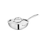 Bergner Argent Triply 22 cm Wok, 2.2 L Capacity, Stainless Steel Lid, for Stir-Fry/Sauté/Noodles/Heat Resistant Handle, Multi-Layered Mirror Finish, Induction & Gas Ready