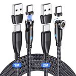 VAFOTON Magnetic Charging Cable 2Pack(2M/1M), 60W USB C/A to USB C 9Pin Data Transfer Magnetic Charger Cable, 360°&180° Fast Magnetic Phone Charger Cable for Typ C Device