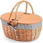 Yesland Picnic Basket with Liner - Wicker Picnic Baskets with Wooden Split Lid - Vintage Style Large Woven Basket with Double Folding Handles for Camping, Valentine Day, Thanks Giving, Egg Gathering