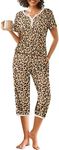 Ekouaer Womens Pajama Sets Short Sleeve Sleepwear Top and Capri Pants 2 Piece Loungewear With Pockets, Camel/Black/Leopard, X-Large