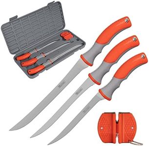 Wild Fish 5-Piece Fish Fillet Set for Filleting and Boning, 9 Inch, 7 1/2 Inch, and 6 Inch Fillet Knifes with Sharpener and Case