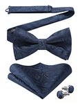 HISDERN Bow Tie Pre tied Mens Navy Blue Paisley Bow Ties & Pocket Square Set with Cufflinks Wedding Party Bowties Handkerchief Cuff Links Gifts for Men,Navy blue