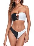 RELLECIGA Women's White+Black Two Piece Bandeau Bathing Suits Cutout Front Bikini Sets for Women Size Small