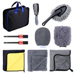 Osportfun 10 PCS Car Wash Tool Cleaning Kit With Bag - Microfibre Valet Washing Mitts, Exterior Drying Towel, Waffle Cloths, Alloy Wheel Brush, 2 Detail Brushes, Valeting Product, Gift Set