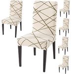 Styleys Elastic Chair Cover Stretch Removable Washable Short Dining Chair Cover Protector Seat Slipcover (Set of 6 Beige Line, SD110A)