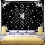 Bowavat Wall Tapestry, Sun and Moon Tapestry Psychedelic Black and White Tapestry Wall Hanging Tapestry Mystic Stars Space Tapestry for Bedroom Living Room Dorm Decor (H29.5×W39.4)