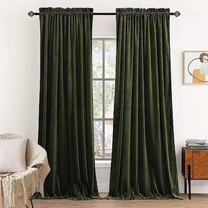 Dchola Olive Green Velvet Curtains for Bedroom Window, Super Soft Vintage Luxury Heavy Drapes, Room Darkening Rod Pocket Curtain for Living Room, W52 by L84 inches, 2 Panels