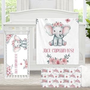 KAINSY Personalized Baby Crib Bedding Set, 3 Pcs Custom Baby Crib Sets with Name, Pink Flower Elephant Bedding Set, Baby Bedding Crib Sets for Baby Girls, Customized Gifts for Toddlers Kids Infants