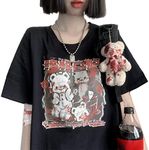 Kawaii Harajuku Fashion Pastel Goth Loose Crewneck Soft Japanese Style Gothic Cartoon Bear Print T-Shirt M