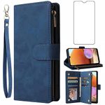 Asuwish Compatible with Samsung Galaxy A32 4G 6.4 inch Wallet Case and Tempered Glass Screen Protector Leather Flip Cover Card Holder Stand Cell Accessories Phone Cases for A 32 A32case Women Blue