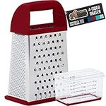 Gorilla Grip Stainless Steel Box Grater, 4-Sided XL Cheese Graters with Handle, Slice, Zest, Shred, and Grate Vegetables, Ginger, Potatoes, Handheld Food Shredder, Zester, Includes Container, Red