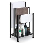 Freestanding Towel Rack, 3 Tier Blanket Rack Stand with Modern Black Wooden Shelf, Industrial Towel Stand Rack and Quilt Rack with Non-Slip Feet for Living room, Bathroom Storage, 17.1"L*11"W*32.3"H