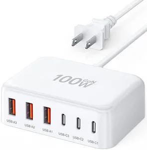 USB C Fast Charger, 100W GaN 6 Port Type USB C Charging Station Hub Block Cube, USB C Wall Charger Power Strip Adapter Plug for iPad iPhone 16 15 14 13 12 Pro Max Pixel Note Galaxy, 5ft Cord