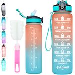 Water Bottles with Time Markings - Leakproof Reusable 32oz Motivational Water Bottle with Straw - BPA Free Daily Intake Sports Gym Workout 1l Waterbottle for Running (Orange & Green Gradient)