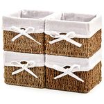 EZOWare Set of 4 Seagrass Wicker Woven Baskets, Square Natural Storage Cube Box Bins with Removable Liners for Baby Cloth Kids Toy Nursery Room Home - (18 x 18 x 14 cm, Brown)