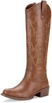 Jeossy Women's Brown Cowboy Boots Embroided Western Cowgirl Boots Square Toe Knee High Pull on Wide Calf Shoes with Inside Zipper Size 10 (DJY9809 brown 10)