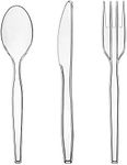 Party Essentials Heavy Duty Plastic Cutlery Box Set with Full Size Knives/Forks/Spoons, Clear, 100 Place Setting-Count