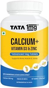 TATA 1mg Veg Calcium & Vitamin D3 supplement with Zinc, Magnesium & Alfalfa | High absorption Malate form | 500mg Calcium & 400IU Vitamin D3 | For strong bones & joints | 60 veg tablets
