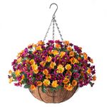 Artificial Hanging Flowers in Basket Patio Garden Porch Deck Spring Summer Decor, Faux Chrysanthemum Arrangement Fake Plants in 12 inches Coconut Lining Basket of Outdoor/Indoor Decor(Orange Purple)