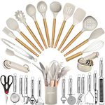 Kitchen Utensils Set- Silicone Cooking Utensil with Grater,Tongs, Spoon Spatula &Turner accessories Heat Resistant Food Grade Wooden Handles Kitchen Gadgets Tools Set for Nonstick Cookware (Khaki)