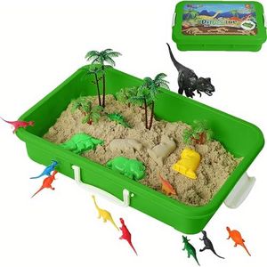 Dinosaur Play Sand Kit - Sensory Bin Sandbox, 2 Bags of Safe Sand and 34 Pieces - Feels Like Wet Sand Without The Mess - Comes with Bin, Lid, Dinosaur Figures, Dino Molds, Trees, Fences