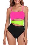 RELLECIGA Women's Pink+Green+Black Geometric Cutout Bathing Suits Adjustable Straps Bandeau One Piece Swimsuit for Women Size Medium