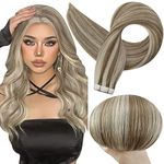 Full Shine Hair Extensions for Women Tape in Real Human Hair Extensions Tape in 50 Gram 20 Piece 14 Inch 8P60 Blonde Seamless Tape in Skin Weft Human Hair Extensions