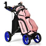 GYMAX Folding Golf Push Cart, Height Adjustable Portable Caddy Cart with Umbrella Holder, Waterproof Bag, Built-in Cooler & Foot Brake, Quick Fold/Unfold Golf Trolley for Club (Blue)