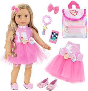 ECORELF American 18 Inch Doll Clothes and Accessories, Sequin Doll Backpack Accessories Set Included 18 inch Girl Doll Backpack,Sequin Gauze Dress,Doll Shoes,Bow Knot Hairpin,Hand Chain(No Doll)