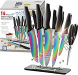 Marco Almond Dishwasher Safe Kitchen Knife Sets, 14 PCS Rainbow Titanium Coating Cutlery Knives Block Set with Acrylic Stand, Rainbow Titanium Blade and Black Handle