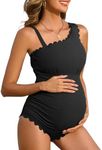 Charmo Womens Ruched Maternity Swimwear Swimsuits Ribbed One Shoulder High Waisted 1 Piece Bathing Suit Full Coverage Adjustable Shoulder Strap Black M