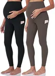 POSHDIVAH 2Pcs Women's Maternity Workout Leggings Over The Belly Pregnancy Yoga Pants with Pockets Soft Active Wear Work Pants Black Brown Small