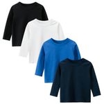 Winzik Girls Boys Long Sleeve Shirts Toddler Navy Blue T Shirts 4 Pack Crewneck Tee T-Shirt Basic Top 2-7T (3-4T, Black/White/Blue/Dark Blue)