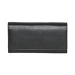 Roots Women's Classic Leather RFID Secured Large Trifold Clutch Wallet with 12 Card Slots, 1 Zipper Pocket, 2 ID Windows, 2 Checkbook Slots - Front Flap Closure, Black