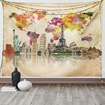 Ambesonne Travel Tapestry, Landmarks of The World 7 Wonders Europe Asia and America Abstract Map Modern, Fabric Wall Hanging Decor for Bedroom Living Room Dorm, 90" X 60", Sepia Cream