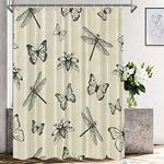 Shrahala Beige Flying Insects Decorative Shower Curtain, Dragonfly Cockchafer and Butterflies Bathroom Décor Polyester Fiber Waterproof with Plastic Rings for Shower Stall Bathtubs 72 x 72 in