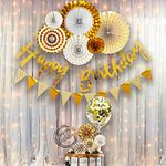 Party Propz Golden Birthday Decoration Items -18Pcs Golden Paper Fan Decoration Set | Happy Birthday Banner (cardstock) | Net Curtain with Lights | Happy Birthday Cake Topper