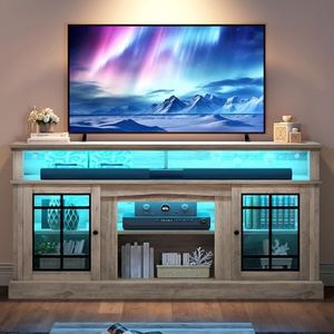 YITAHOME Modern TV Stand for 75 Inch TV, LED Entertainment Center with Adjustable Shelves and Glass Doors, 32'' Tall Television Stands TV Media Console Table for Living Room, Pine Grey