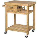 HOMCOM Rolling Bamboo Wood Kitchen Island Cart Trolley, Cabinet with Towel Rack, 2 Drawer, Shelves for Kitchken Living Room Use, Bamboo Tone