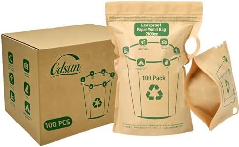 Vomit Bags Disposable 2000cc - Leakproof with Water-Resistant Inner Liner, Eco-Friendly FSC-Certified Paper for Adults, Kids, Pregnant Women - Car Travel, Morning & Motion Sickness, Portable (100pack)