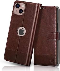 FLIPPED Vegan Leather Flip Case Back Cover Compatible with iPhone 13 | iPhone 14 (Flexible, Shock Proof | Hand Stitched Leather Finish | Card Pockets Wallet & Stand | Tan with Brown)