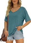 MIROL Women's Half Sleeve T Shirts Fashion V Neck Oversized Loose Tops Solid Casual Basic Blouses, Lakeblue, X-Large