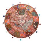 Stylo Culture Ethnic Round Floor Pillow Garden Scatter Cushion Cover Brown 80x80 cm Vintage Patchwork Boho Giant 32 Inch Living Room Cotton Embroidered Pouf Footstool Cover