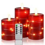 Flameless Candles 360 Degree Viewing Angle, with Starry String Lights, 3-Pack Fairy String Lights LED Candles, with 10-Key Remote Control, 24-Hour Timer Function, Dancing Flame, Real Wax(Red).