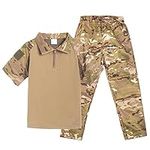 QIYUANT Children's Tactical Camo T Shirt & Pants Sets Summer Airsoft Military Camouflage Short Sleeve Combat Hiking Hunting Camping Outdoor for Boys Grils Men Women (T-Shirt + Pants + Cap, S)