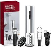 Electric Wine Opener, Automatic Wine Bottle Opener Set with Foil Cutter Vacuum Stopper and Wine Aerator Pourer for Wine lovers 5 in 1 gift set Rechargeable ，Silver