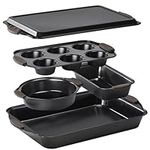 Navaris Nonstick Bakeware Set, 5-Piece Including Cookie Sheet, Muffin Tray, Loaf Pan, Cake Pan, Roasting Tray with Silicone Handles, Dishwasher Safe - Carbon Steel - Black