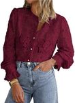 PRETTYGARDEN Women's Dressy Casual Lace Blouse Long Sleeve Button Up Shirts Tops Fall Fashion Clothes (Wine Red,Small)