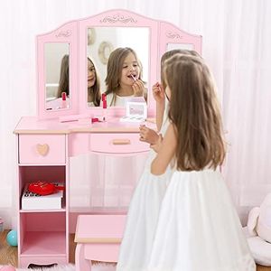 Kids Vanity with Tri-Fold Mirror, Little Girls Vanity Table & Stool, Kids Makeup with Drawer & Open Shelves for 3-9 Yrs Girls, Pink