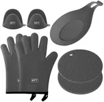 Oven Mitts and Pot Holders Sets Kitchen Essentials – 7Pcs Set Heat Resistant Silicone Gloves, Trivets, Pinchers, and Spoon Rest – Durable Non-BPA Food Safe Materials – Ideal Silicone Baking Set